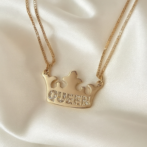 Jewelry - Gold Layered Necklace with Sparkling ‘Queen’ Crown Pendant – Statement Jewelry
